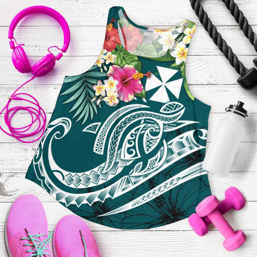 Wallis and Futuna Polynesian Women Racerback Tank - Summer Plumeria (Turquoise) 1