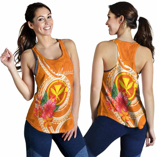 Hawaii Polynesian Women Racerback Tank - Orange Floral With Seal 1