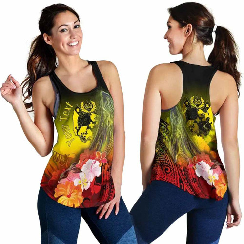 Tonga Custom Personalised Women Racerback Tank - Humpback Whale with Tropical Flowers (Yellow) 1