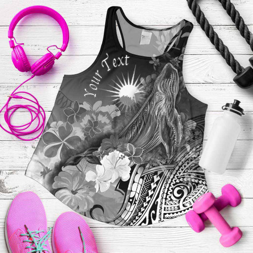Marshall Islands Custom Personalised Women Racerback Tank - Humpback Whale with Tropical Flowers (White) 1