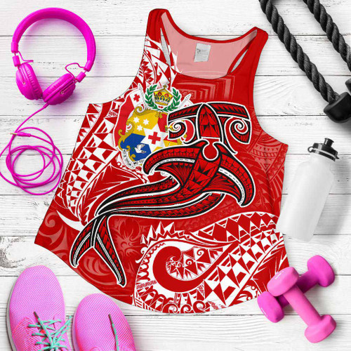 Tonga Women Racerback Tank - Red Shark Polynesian Tattoo 1