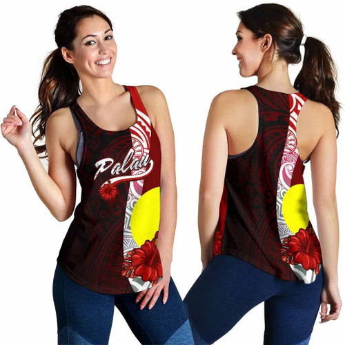 Palau Polynesian Women Racerback Tank - Coat Of Arm With Hibiscus 1