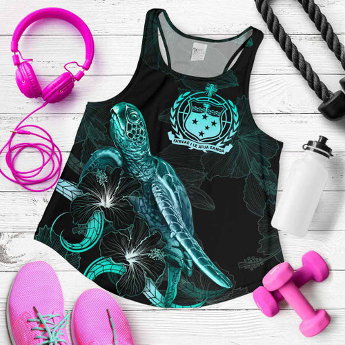 Samoa Polynesian Women Tank Top - Turtle With Blooming Hibiscus Turquoise 1