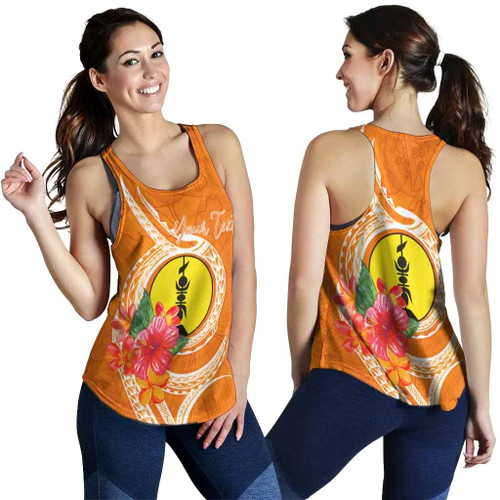 New Caledonia Polynesian Custom Personalised Women Racerback Tank - Orange Floral With Seal 1