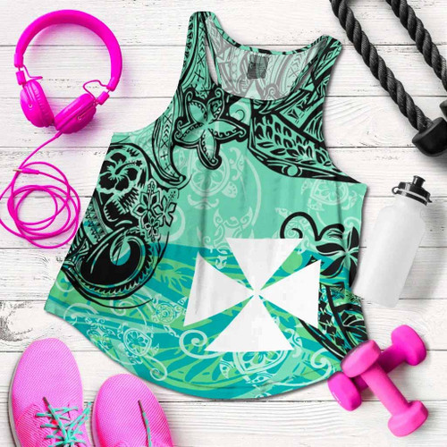 Wallis and Futuna Women Racerback Tank - Vintage Floral Pattern Green Color 1