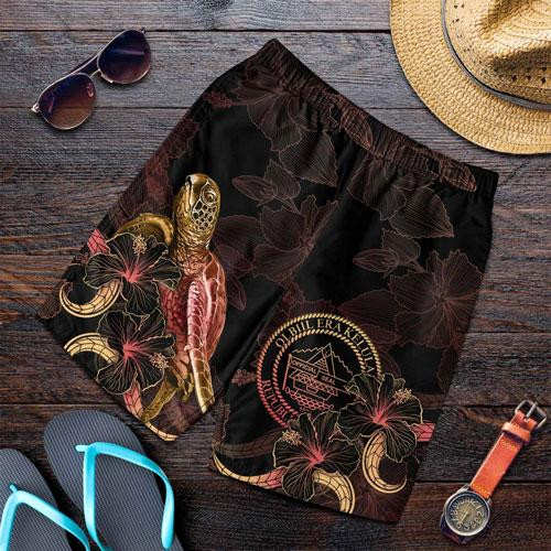 Palau Polynesian Men Shorts - Turtle With Blooming Hibiscus Gold 1