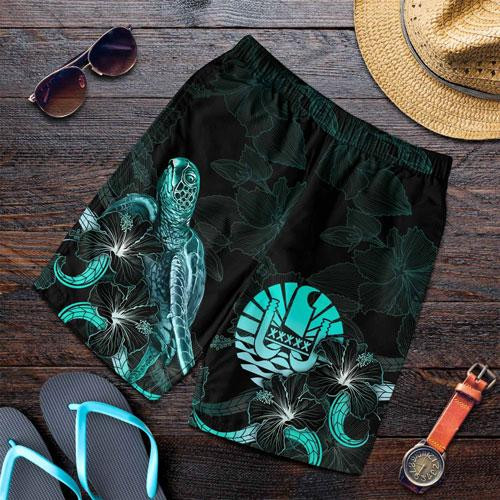 Tahiti Polynesian Men Shorts - Turtle With Blooming Hibiscus Turquoise 1