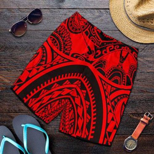 Polynesian Men Shorts, Maui Tattoo Polynesian Patterns (Red) 1