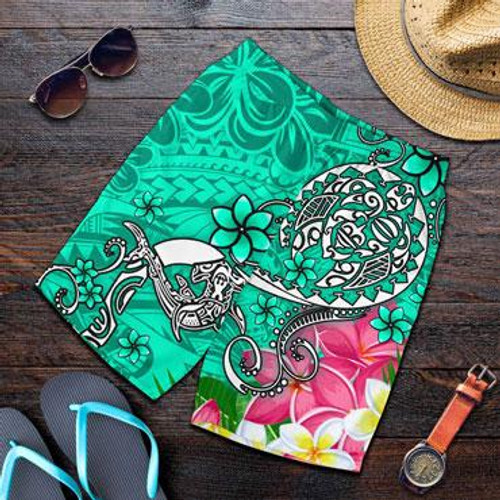 Polynesian Men Shorts - Turtle Plumeria Turquoise Color 1