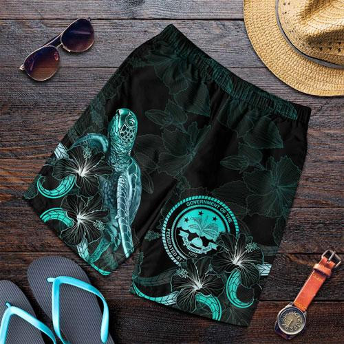 Federated States of Micronesia Polynesian Men Shorts - Turtle With Blooming Hibiscus Turquoise 1