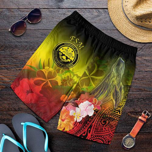 Federated States of Micronesia Men Shorts - Humpback Whale with Tropical Flowers (Yellow) 1