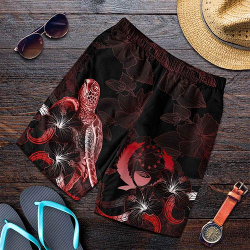 Pohnpei Polynesian Men Shorts - Turtle With Blooming Hibiscus Red 1