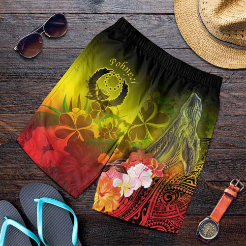 Pohnpei Men Shorts - Humpback Whale with Tropical Flowers (Yellow) 1