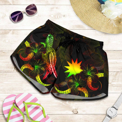 Nauru Polynesian Women Shorts - Turtle With Blooming Hibiscus Reggae 1