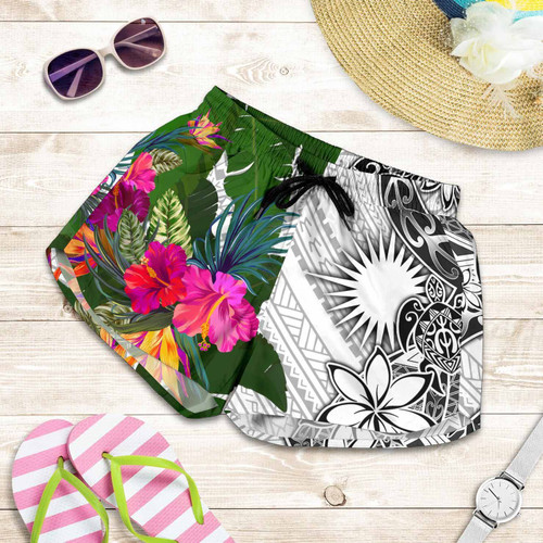 Marshall Islands Women Shorts White - Turtle Plumeria Banana Leaf 1