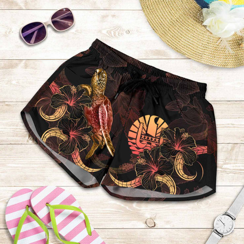 Tahiti Polynesian Women Shorts - Turtle With Blooming Hibiscus Gold 1