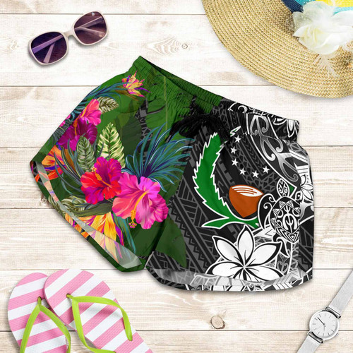 Pohnpei Women Shorts - Turtle Plumeria Banana Leaf 1