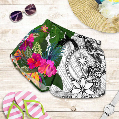 Chuuk Women Shorts White - Turtle Plumeria Banana Leaf 1