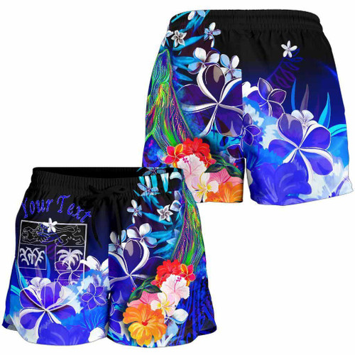 Fiji Custom Personalised Women Shorts - Humpback Whale with Tropical Flowers (Blue) 1