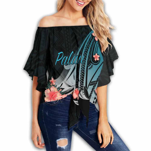 Palau Off Shoulder Wrap Waist Top - Turquoise Polynesian Hibiscus Pattern Style  1