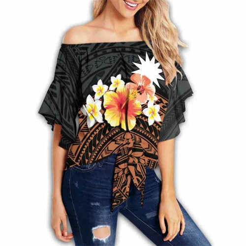 Nauru Custom Personalised Off Shoulder Wrap Waist Top - Tribal Pattern Hibiscus  1