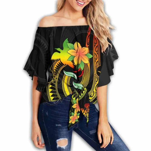 Papua New Guinea Custom Personalised Off Shoulder Wrap Waist Top - Plumeria Flowers With Spiral Patterns (Reggae)  1