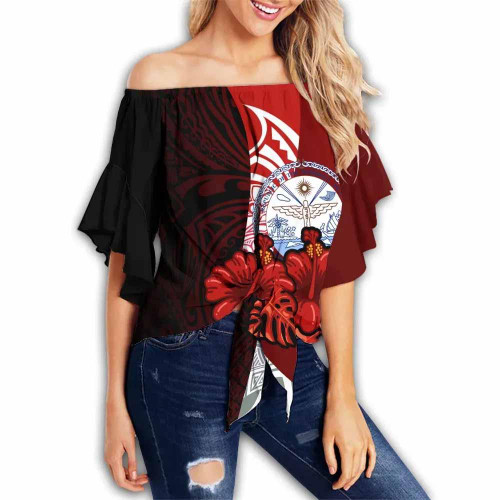 Marshall Islands Polynesian Off Shoulder Wrap Waist Top - Hibiscus With Seal  1