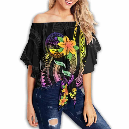 Marshall Islands Custom Personalised Off Shoulder Wrap Waist Top - Plumeria Flowers With Spiral Patterns Crest  1