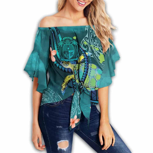 Nauru Off Shoulder Wrap Waist Top - Turtle With Pattern  1