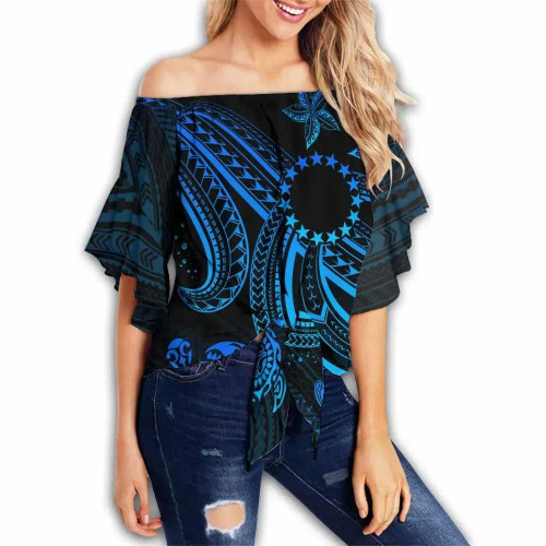 Cook Islands Custom Personalised Off Shoulder Wrap Waist Top - Blue Turtle Pattern  1