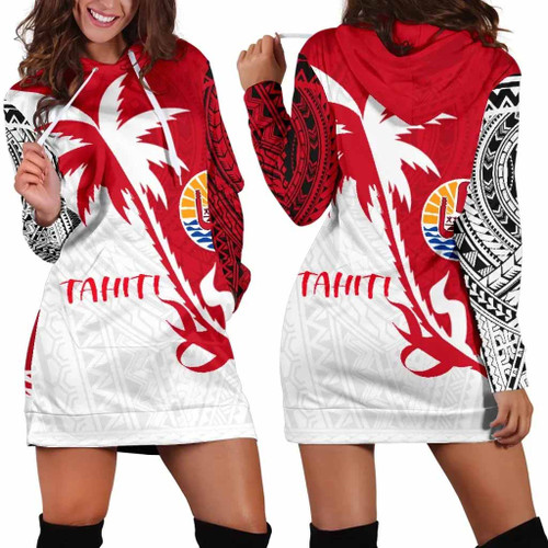 Tahiti Polynesian Hoodie Dress - Tahiti Flag Coconut Tree 1