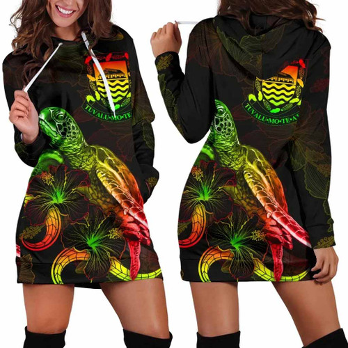 Tuvalu Polynesian Hoodie Dress - Turtle With Blooming Hibiscus Reggae 1