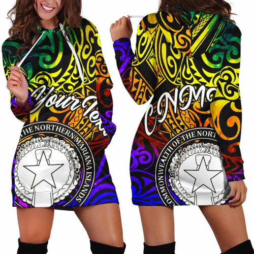 Northern Mariana Islands Custom Personalised Hoodie Dress - Rainbow Polynesian Pattern 1