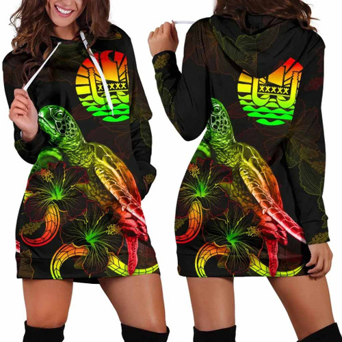 Tahiti Polynesian Hoodie Dress - Turtle With Blooming Hibiscus Reggae 1