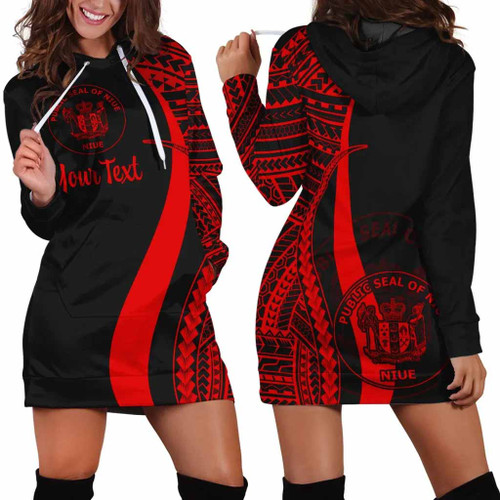 Niue Custom Personalised Hoodie Dress - Red Polynesian Tentacle Pattern 1