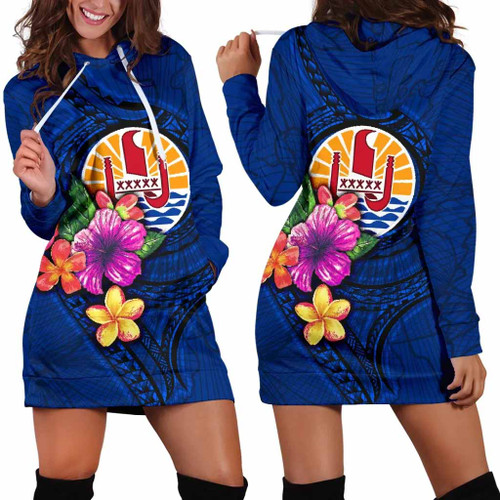 Tahiti Polynesian Women Hoodie Dress - Floral With Seal Blue 1