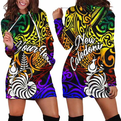 New Caledonia Custom Personalised Hoodie Dress - Rainbow Polynesian Pattern 1