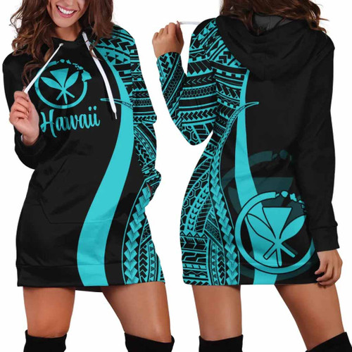 Hawaii Women Hoodie Dress - Turquoise Polynesian Tentacle Tribal Pattern 1