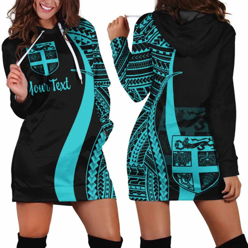 Fiji Custom Personalised Hoodie Dress - Turquoise Polynesian Tentacle Pattern 1