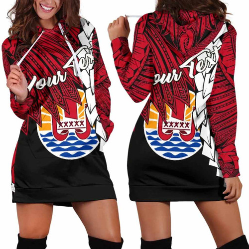 Tahiti Polynesian Custom Personalised Hoodie Dress - Tribal Wave Tattoo Flag Style 1