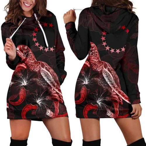 Cook Islands Polynesian Hoodie Dress - Turtle With Blooming Hibiscus Red 1