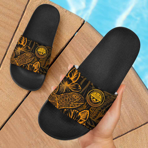 Federated States Of Micronesia  Slide Sandals - Turtle Hibiscus Pattern Gold 1