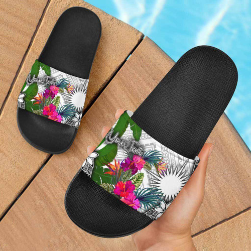 Marshall Islands Custom Personalised Slide Sandals White - Turtle Plumeria Banana Leaf 1
