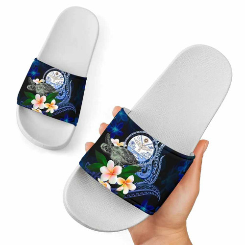 Marshall Islands Polynesian Slide Sandals - Turtle With Plumeria Flowers 1