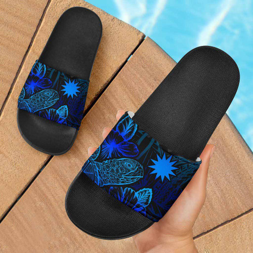 Nauru Slide Sandals - Turtle Hibiscus Pattern Blue 1
