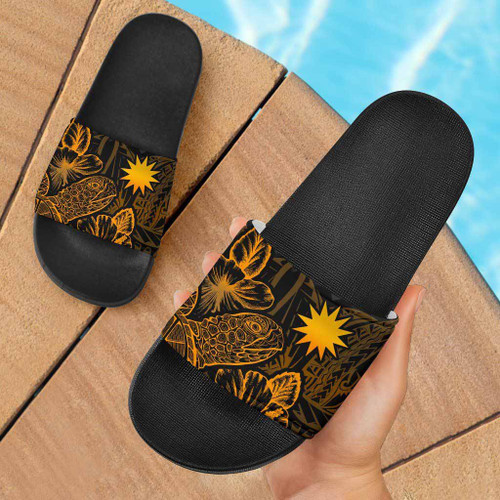 Nauru Slide Sandals - Turtle Hibiscus Pattern Gold 1
