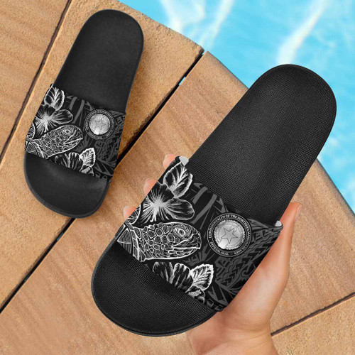 Northern Mariana Islands  Slide Sandals - Turtle Hibiscus Pattern Black 1