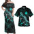 Guam Combo Dress And Shirt - Guam Coat Of Arms With Polynesian Turtle Blooming Hibiscus Turquoise