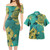 American Samoa Combo Short Sleeve Dress And Shirt Golden Hibiscus Turquoise Color Tribal Pattern