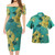 Guam Combo Short Sleeve Dress And Shirt Golden Hibiscus Turquoise Color Tribal Pattern